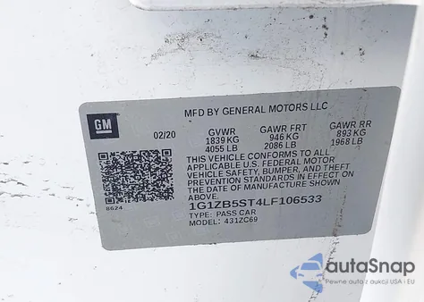 2020 Chevrolet Malibu Fwd Ls z USA, uszkodzony, nr VIN 1G1ZB5ST4LF106533